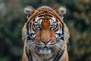 Whiskered Intensity A detailed portrait of a tiger, showcasing the texture of its fur and the intensity of its gaze, set against a backdrop of wild beauty , vibrant - obrazy, fototapety, plakaty