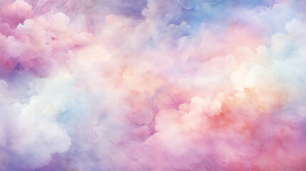 Soft pastel cloudscape, digital art with a dreamy pink and blue sky. Perfect for watercolor background, wallpaper, or peaceful meditation and relaxation themes.
