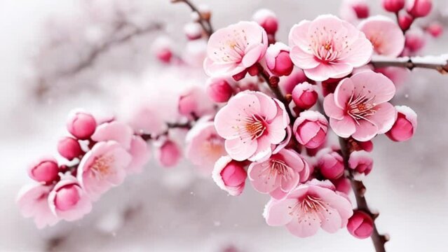 Winter flower, Pink Plum Flower under Snow with white background, motion