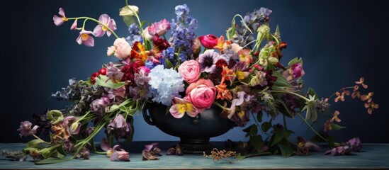 A close-up view of a vase filled with an abundance of colorful flowers placed on a table
