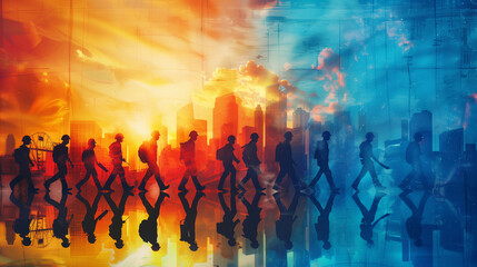 A vibrant painting capturing a diverse group of people walking across a bustling city on Labor Day, showcasing unity and progress