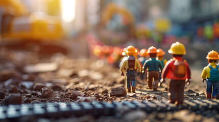 A small group of toy people gather on top of a train track, representing unity and solidarity in the face of adversity - obrazy, fototapety, plakaty