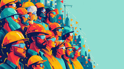 A group of men, wearing hard hats and glasses, gather together as they prepare for their work on Labor Day, showcasing unity and determination - obrazy, fototapety, plakaty