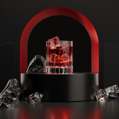 top view a on the rocks glass with ice in red campari is on the podium, product photography, studio lighting, 3d scene abstract black arch and black shapes