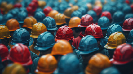 A large group of people, all dressed in bright hard hats, stand together in unity to celebrate Labor Day