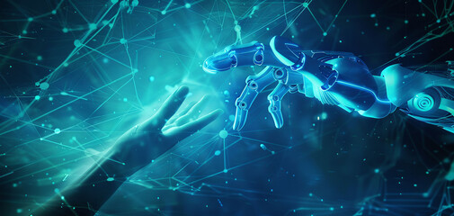 Robotic hand trying to reach human hand with dark sci-fi high technology background with datum and network image. human-Tech collaboration concept.