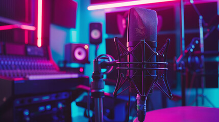 Professional microphone and blurred studio room with violet light ambience, podcast room or radio...