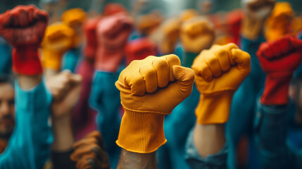 Fototapeta na wymiar A dynamic group of people wearing bright yellow gloves come together in solidarity for Labor Day