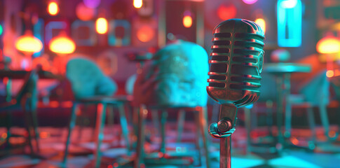 Close up view stage microphone in the bar, cafe with neon red and blue ambience light, place for...