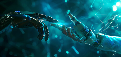 Two robotic hand trying to reach the other with dark sci-fi high technology background with datum and network image.