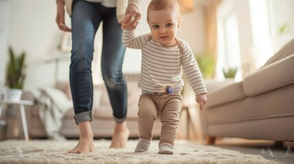 The little boy learned how to walk at home with the help of his mother. - obrazy, fototapety, plakaty