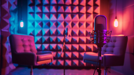 one mic and two comfy chairs in modern podcast studio room with violet and red neon lights in the...