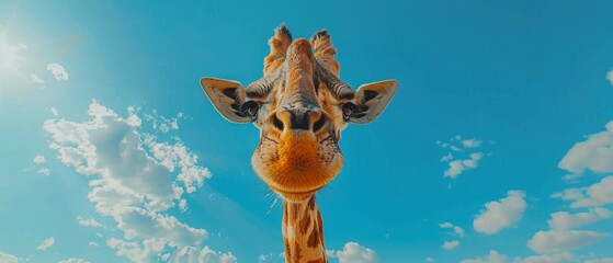 SkyHigh Grace Closeup of a giraffe, its long neck stretching towards the sky, spots detailed against a backdrop of blue skies and clouds , ultra HD - obrazy, fototapety, plakaty