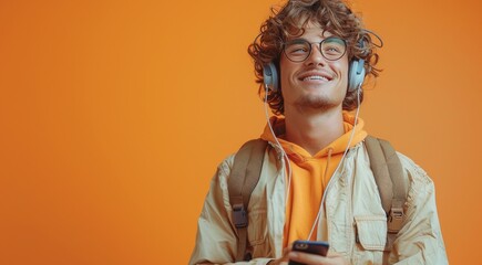 A young man is smiling and holding a cell phone while wearing headphones