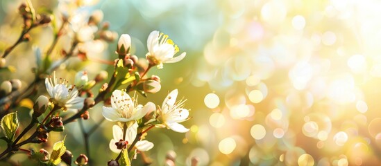 Sunlight shining on Easter blossoms with a blurry spring backdrop, symbolizing the season of new growth and renewal, featuring a floral theme with space for text. - obrazy, fototapety, plakaty