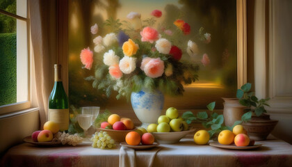 A photo of a French villa with a still life art style, featuring flowers and fruit on a table 