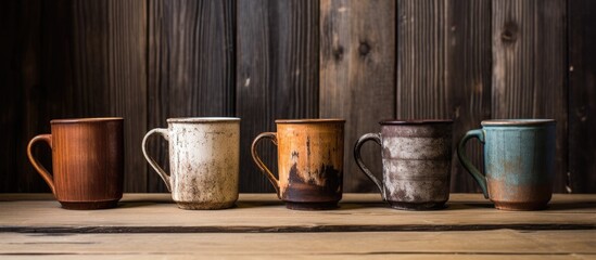 Several ceramic coffee mugs are arranged neatly in a row on a rustic wooden table, creating a cozy and inviting setting