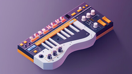 An isometric design of an electric guitar inspired synthesizer with four dials and two volume knobs, the product has bright pastel colors of purple, orange, yellow and grey
