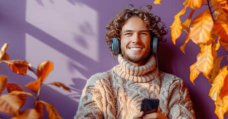 A man wearing a sweater and headphones is smiling and holding a cell phone
