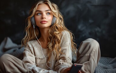 A woman wearing headphones is holding a cell phone