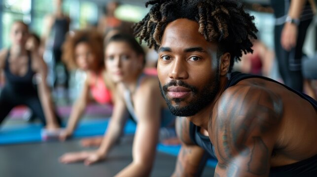 A man with dreadlocks doing yoga poses in a gym, AI
