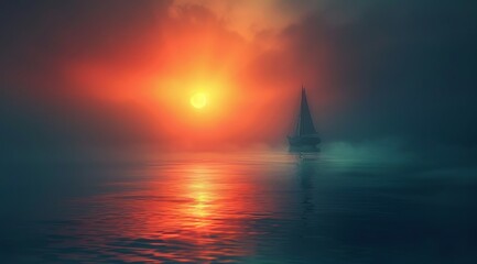 Fototapeta premium A ship sails in the ocean at sunset