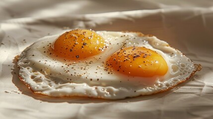 Two fried eggs on a piece of white paper with salt, AI