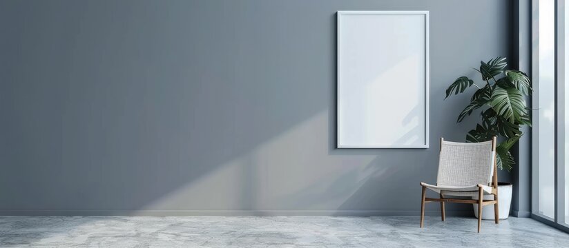 Blank white picture frame mockup on a gray wall, with space for text. Display of art. Modern Scandinavian-style interior with a chair. Emphasis on home staging and minimalism.