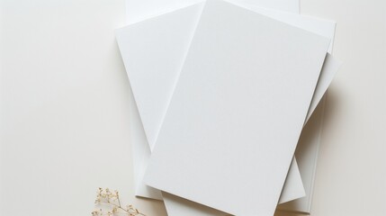 Blank paper sheets on white table background, top view.