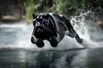 Foto op Plexiglas High speed black panther running through water © MISHAL