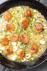 Fried scallops with sauce in dish on grey table, top view
