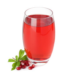 Refreshing pomegranate juice in glass, leaves and seeds isolated on white