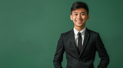 Smiling young Asian businessman in black suit isolated on green background - obrazy, fototapety, plakaty