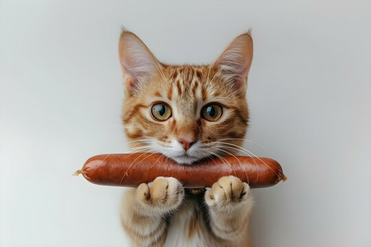 a cat holding a sausage on a white background in the style of Minimalist Music centered professional photo copy space. Concept Minimalist Music Style Photoshoot, Cat with Sausage, White Background