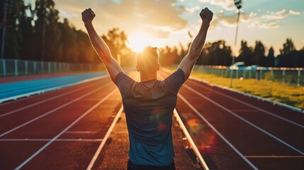 Successful man raising arms after cross track running on summer sunset. Fitness male athlete with arms up celebrating success