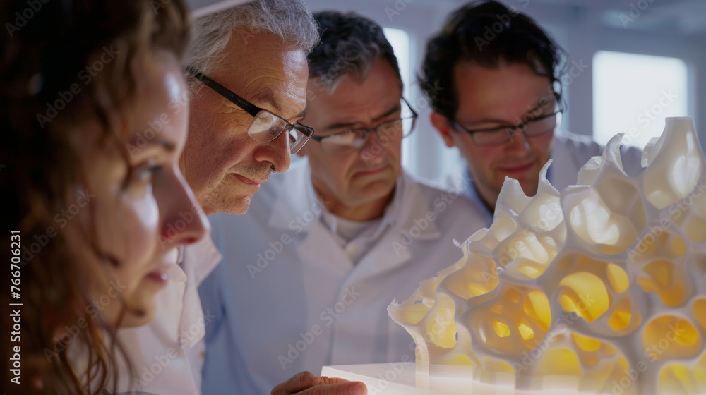 Poster a closeup of a group of scientists huddled around a 3d printer examining a prototype of a biodegrada
