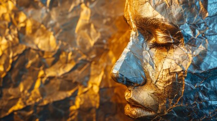 A close up of a gold foil wrapped face with eyes closed, AI