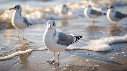 Gulls birds on sea beach wallpaper background