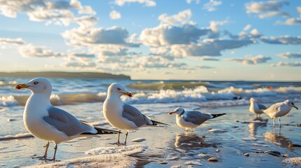 Gulls birds on sea beach wallpaper background - obrazy, fototapety, plakaty