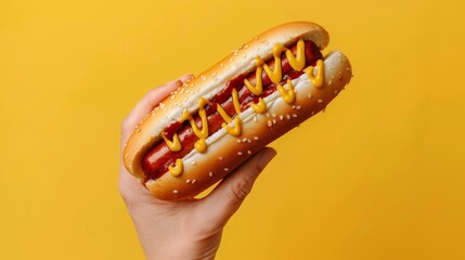 Close up on a traditional hotdog with mustard. Hand holding a fast food snack on yellow background. - obrazy, fototapety, plakaty
