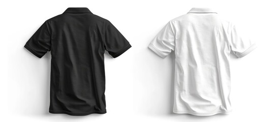 Mock-up template of a blank collared shirt showing front and back views, set against a white background, alongside a simple black t-shirt mockup for showcasing tee designs intended for printing. - obrazy, fototapety, plakaty
