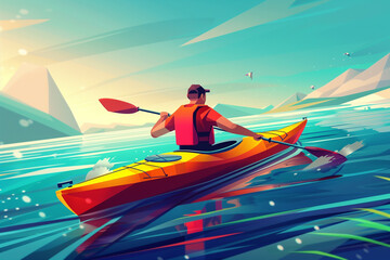 Kayak Sprint Race Summer Games. Sporting Competition. Olympics Sport Infographic Canoe Kayak. Gain gradient modern cartoon design. Generative AI. - obrazy, fototapety, plakaty