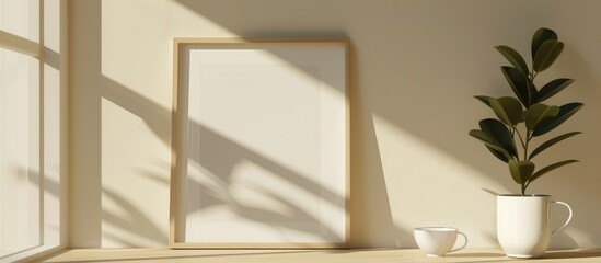 Minimalist and elegant empty picture frame mockup with geometric sunlight shadow and a coffee cup, providing a template for art work poster with copy space.