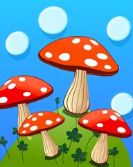 A cluster of floating mushrooms scattered across the scene, cartoon minimal cute flat design
