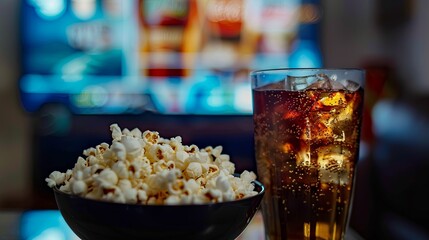 Home tv with pop corn and soda wallpaper background