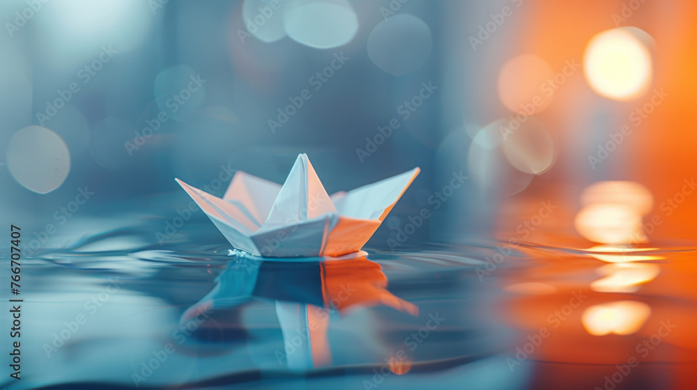 Poster a macro shot of a mini origami boat floating in a bowl of water symbolizing the potential for using 