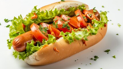 Hot dog with lettuce and tomato on white background