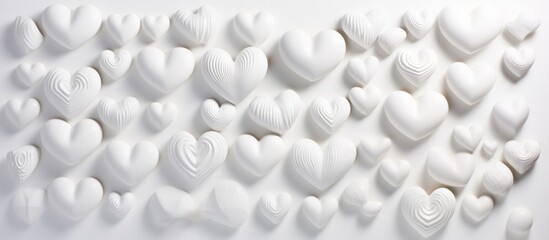 A creative arts display featuring a pattern of white hearts stacked on a white surface. This still life photography captures the beauty of simplicity and elegance in art