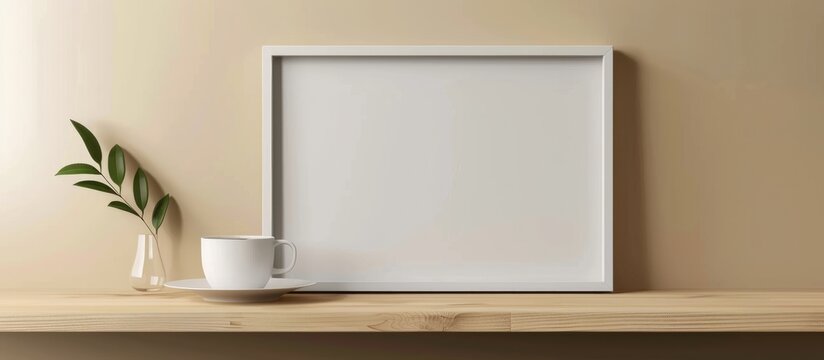 Wooden shelf with a white frame and a cup of coffee. Empty display area for products or graphics.