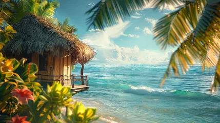Stoff pro Meter Bora Bora, Französisch-Polynesien Hut beach sea hotel resort wallpaper background